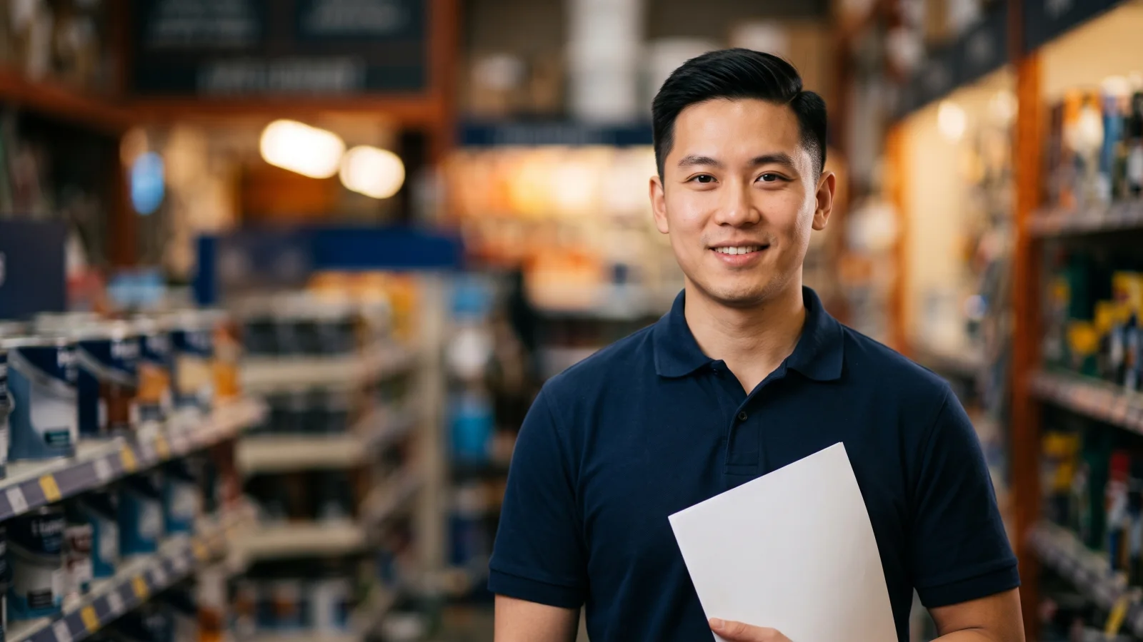 A part-time shop worker in a plain navy polo shirt stands in a DIY store aisle holding a blank paper rota, ready to ask for more hours.