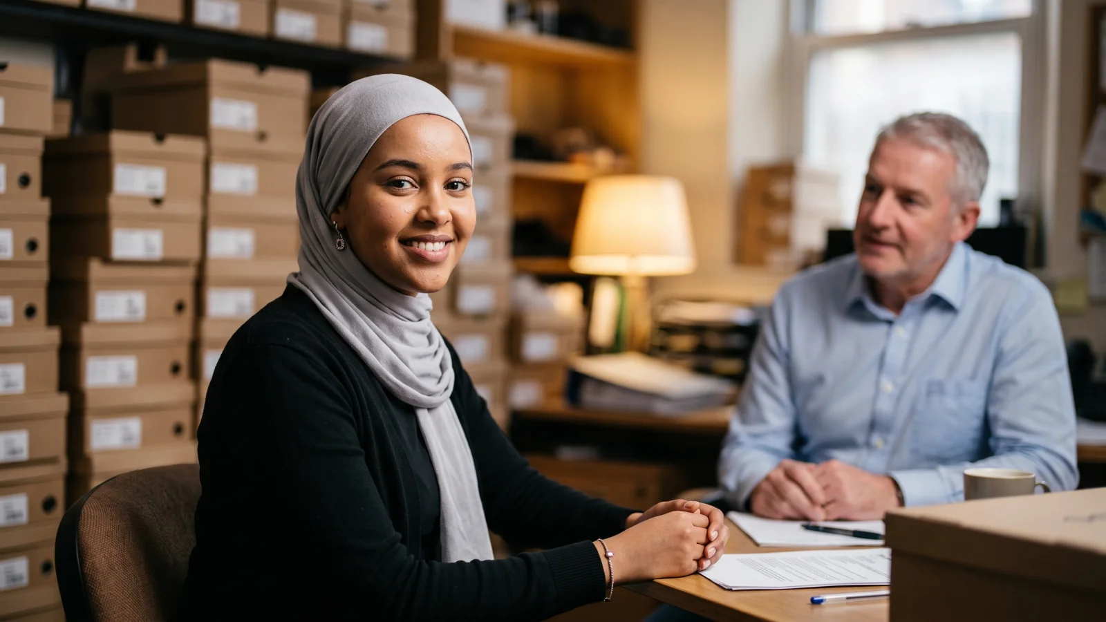A young shoe shop worker in a grey headscarf sits across a small office table from her manager, calmly talking about her hours.