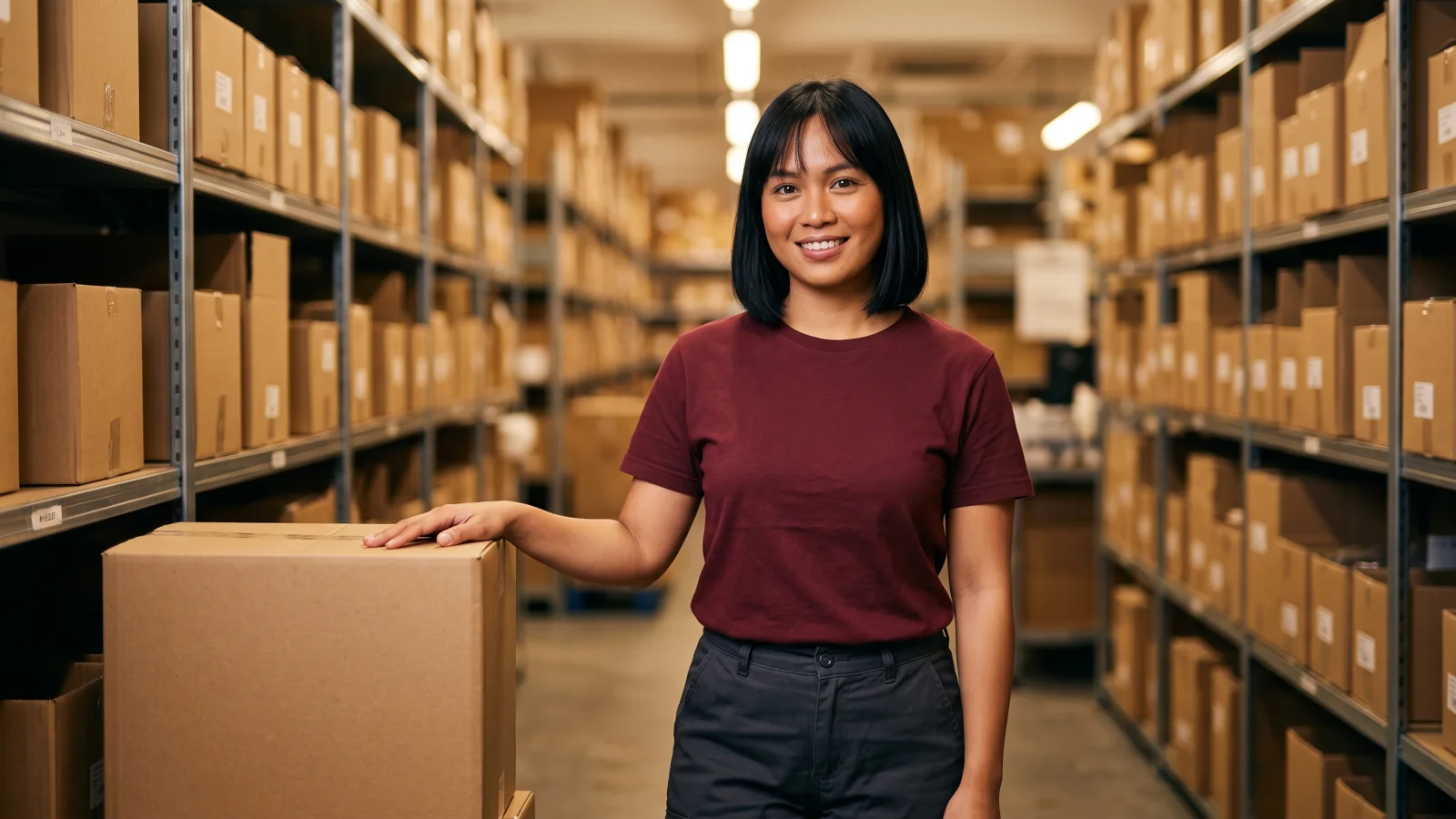 A department store worker in a plain maroon t-shirt stands among shelves of boxes in a stockroom, open to extra shifts in another team.