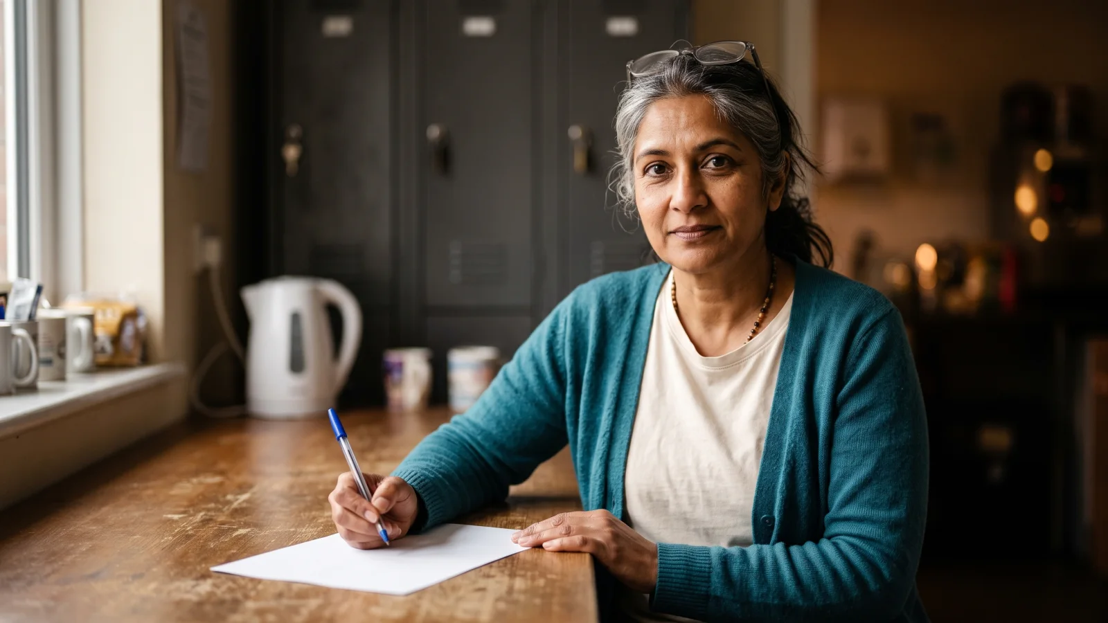 An experienced retail worker in a teal cardigan sits in a staff room with a pen and a blank sheet of paper, preparing a written request.