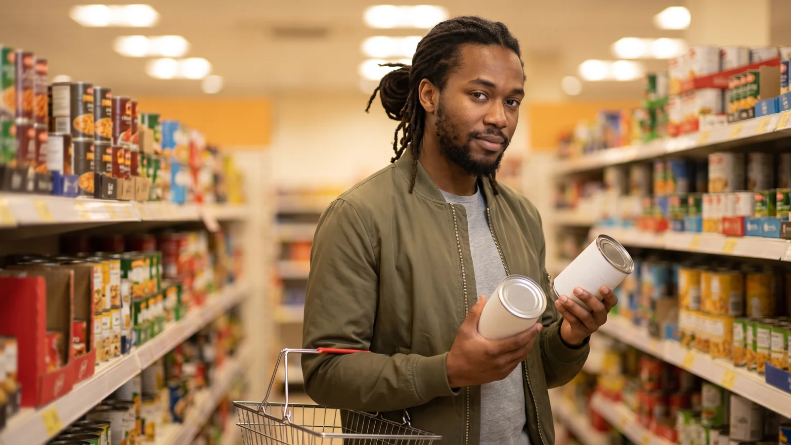 A young man in an olive jacket compares two tins in a discount supermarket aisle, a small wire shopping basket on his arm.