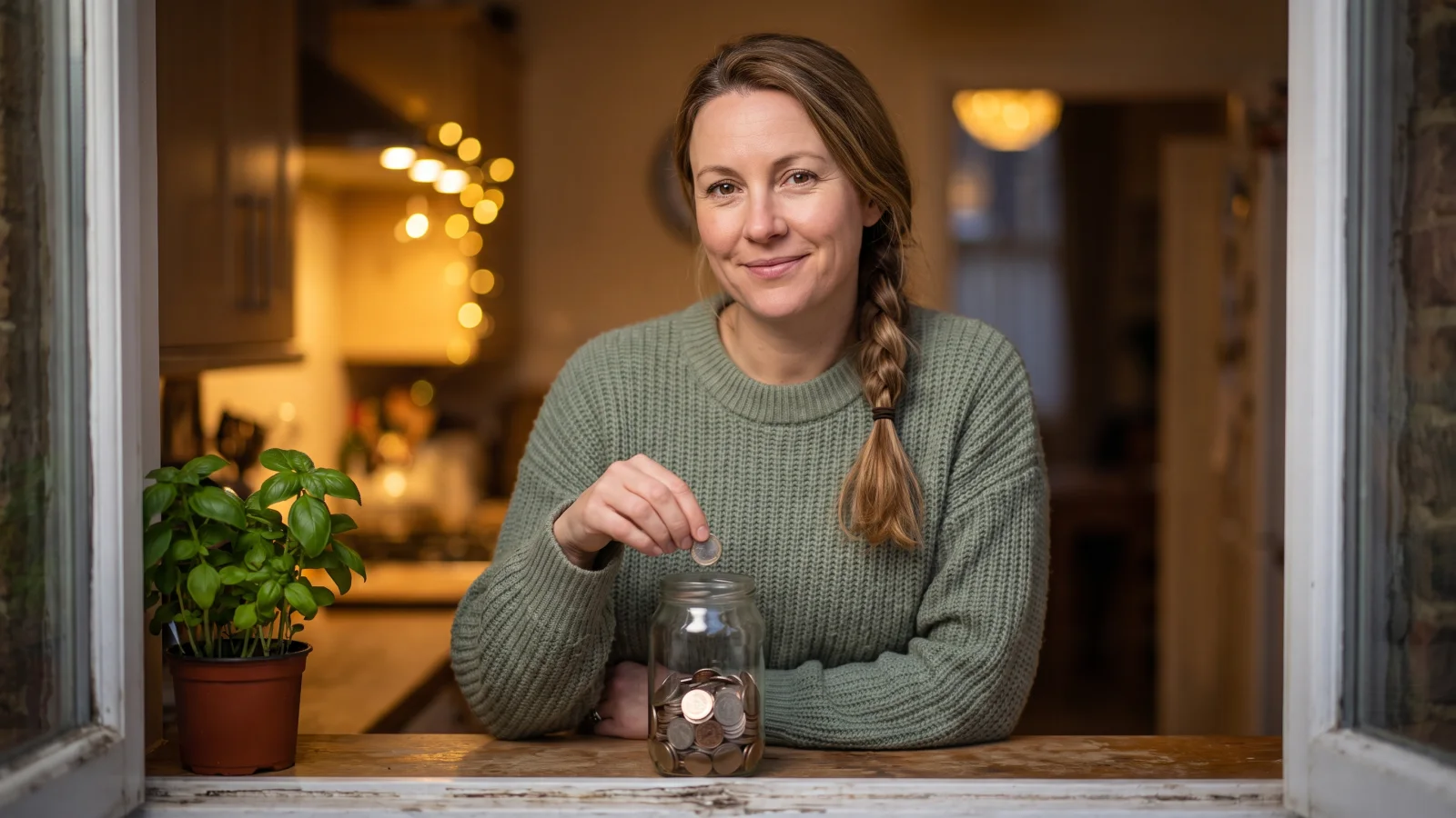 A woman in a sage-green jumper drops coins into a half-full glass jar on the windowsill of her small flat kitchen.