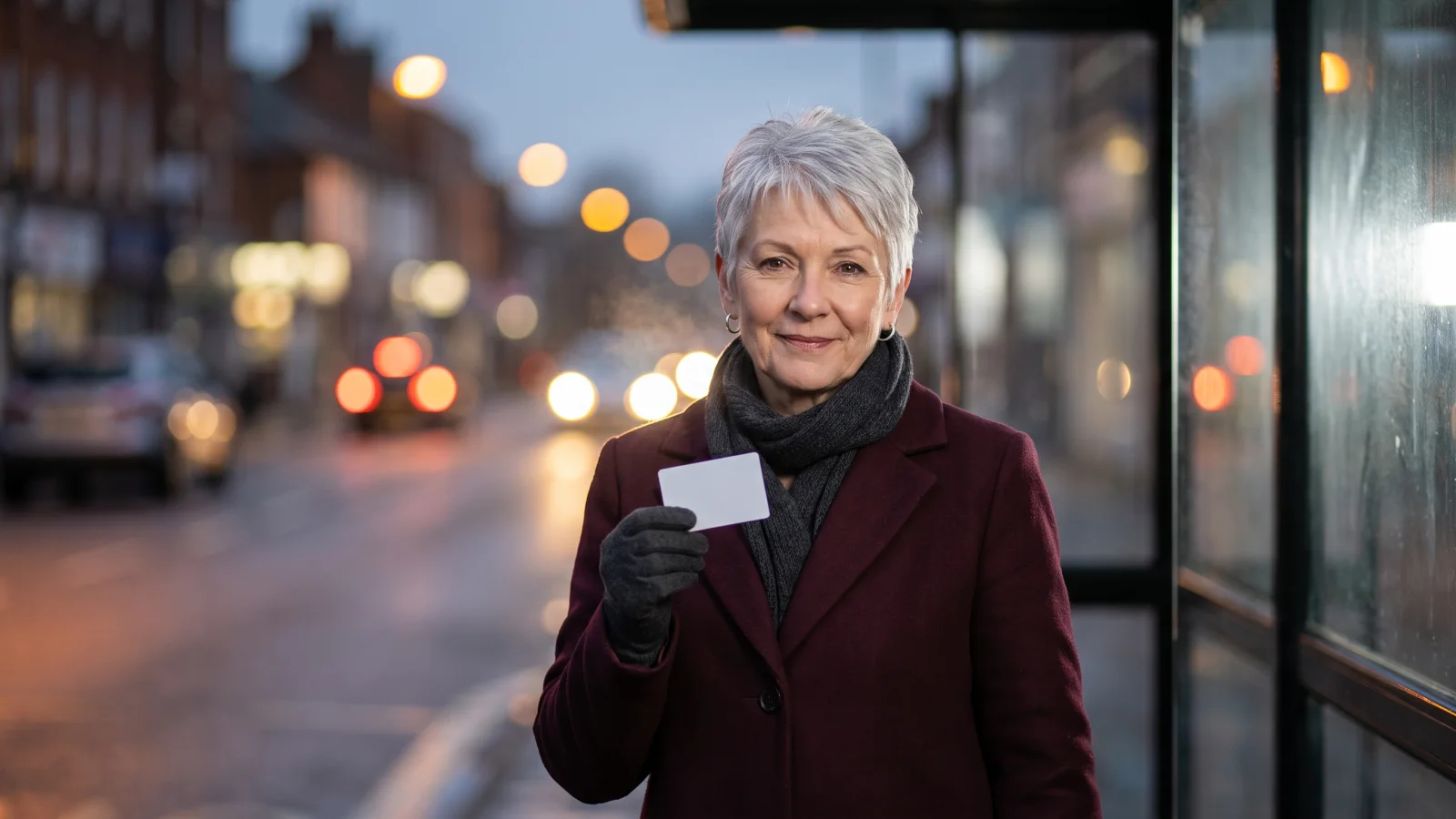 An older woman in a burgundy coat waits at a town bus shelter before dawn, holding a travel card on her way to an early shift.
