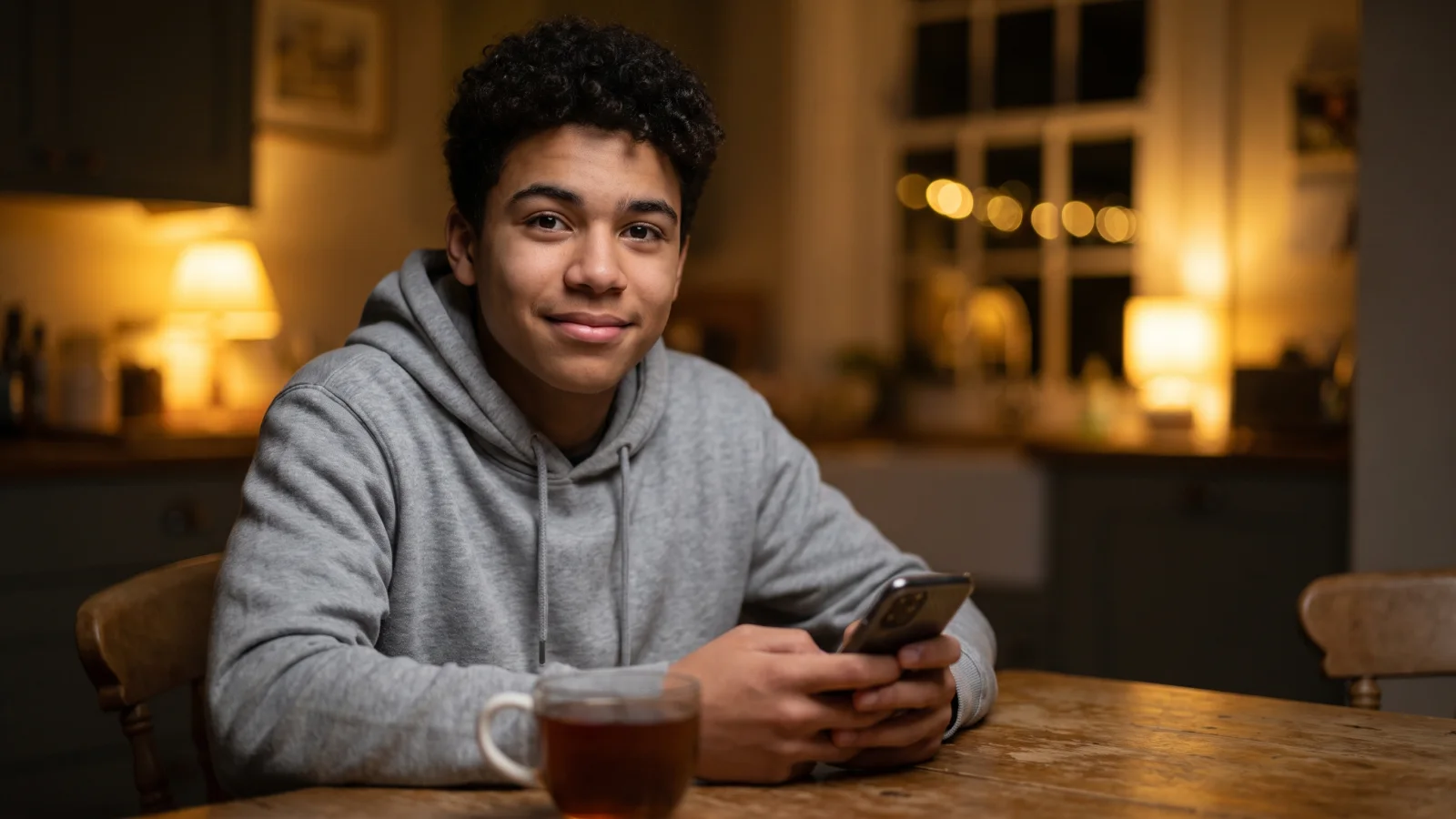 A teenage student holding his phone at a kitchen table on an autumn evening looks up with a hopeful smile, a mug of tea beside him.