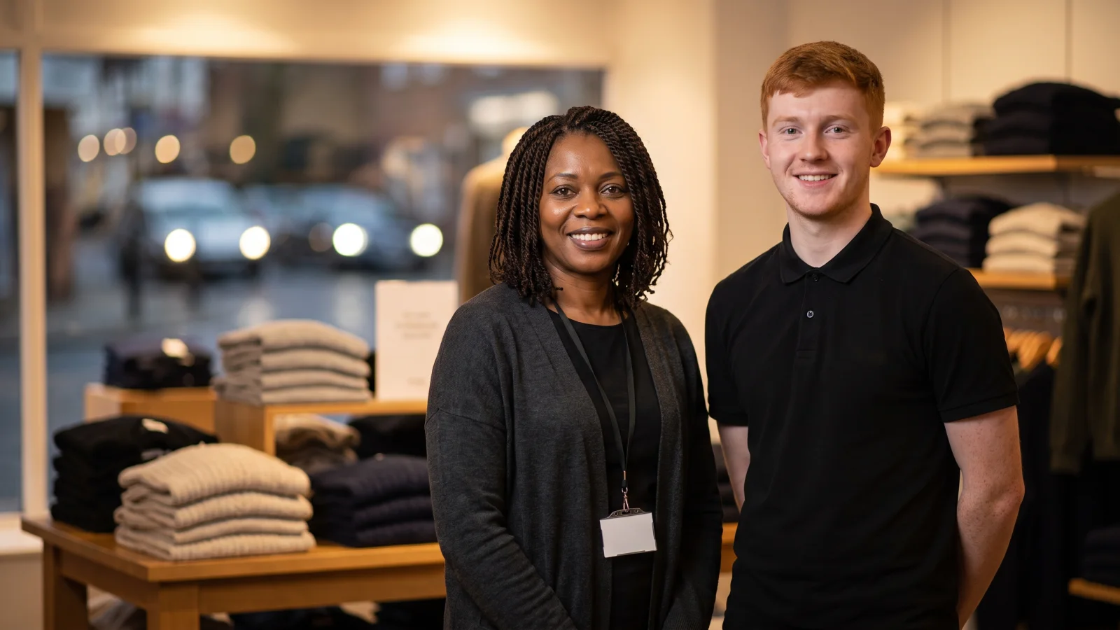 A smiling store manager stands beside a young seasonal worker in a quiet clothing shop in January.