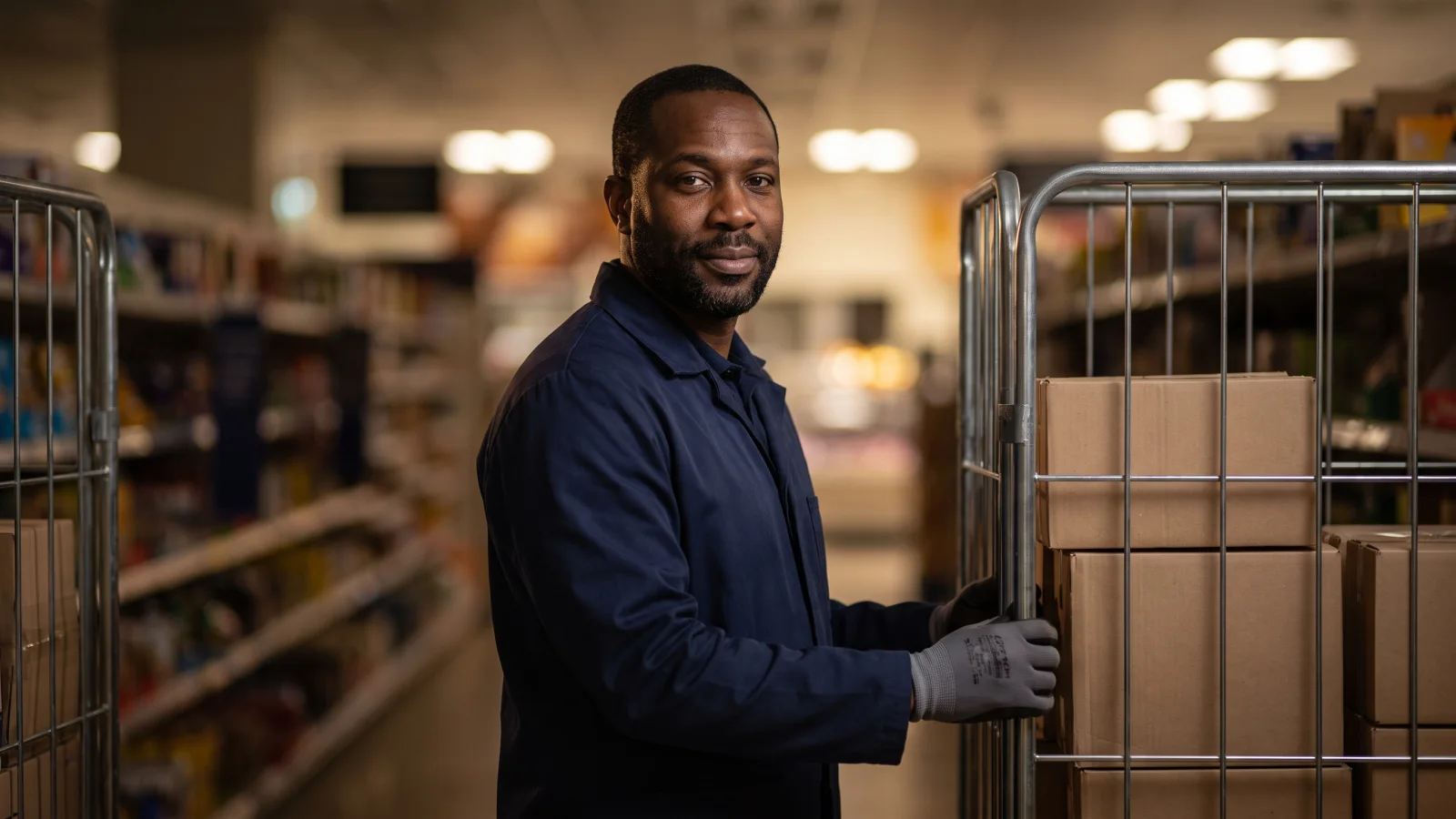 A night-shift worker in a navy jacket and work gloves stands beside a roll cage of boxes in an empty supermarket aisle before opening.