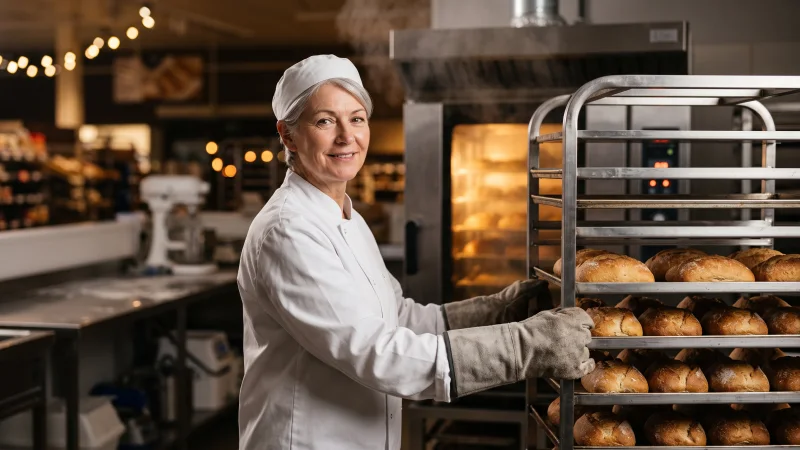 An older bakery worker in a white cap and jacket stands by a supermarket bakery oven with a rack of freshly baked loaves before opening.
