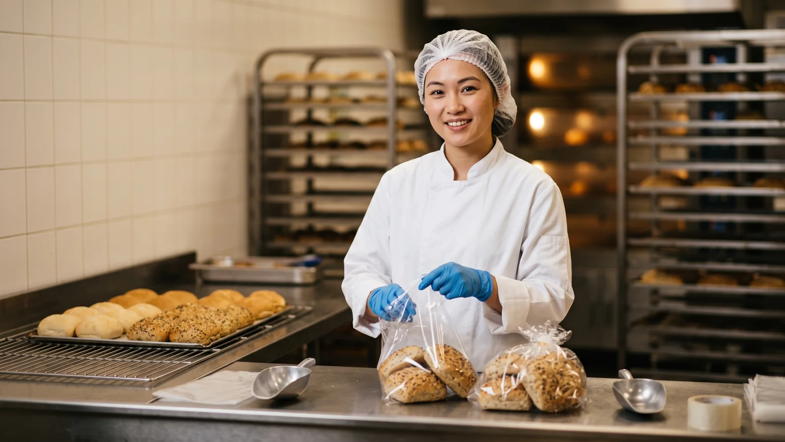 A bakery colleague in a hairnet and blue gloves packs seeded rolls into a clear bag at a packing bench in a supermarket bakery.
