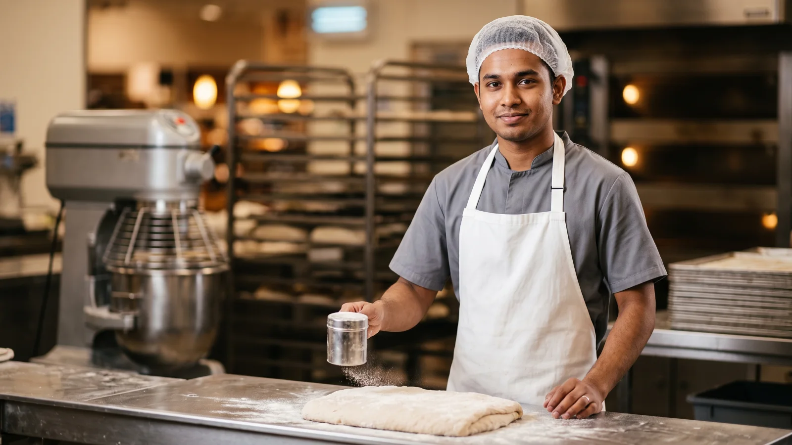 A young bakery assistant in a hairnet dusts dough with a metal flour shaker at a steel bench, keeping the flour low to cut dust.