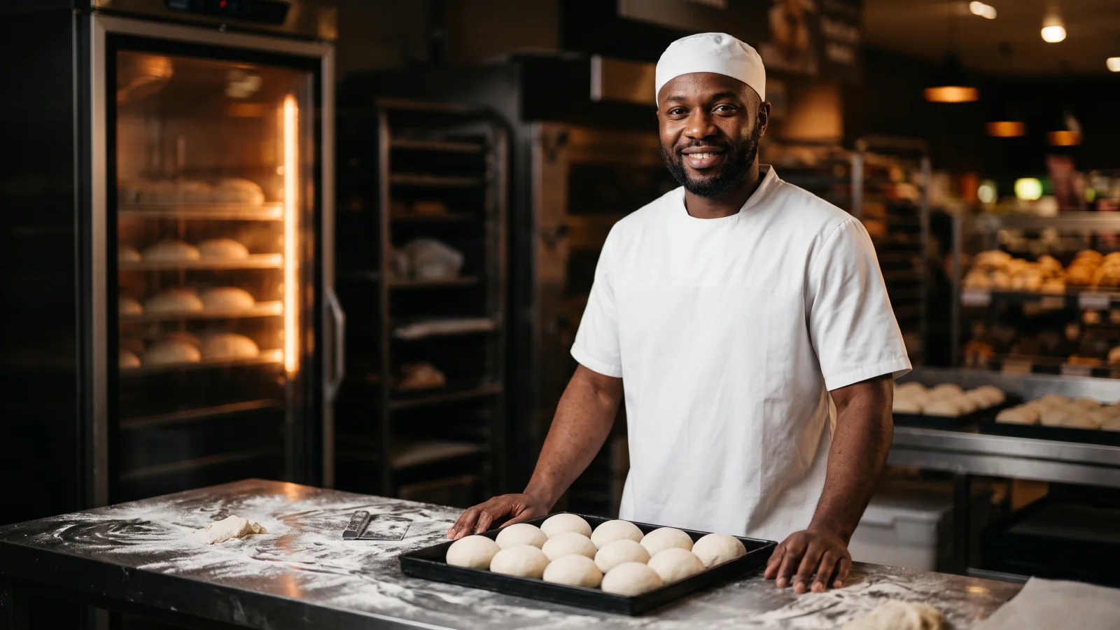 A baker in a white skull cap sets shaped dough rolls on a tray beside a proving cabinet in a supermarket bakery early in the morning.