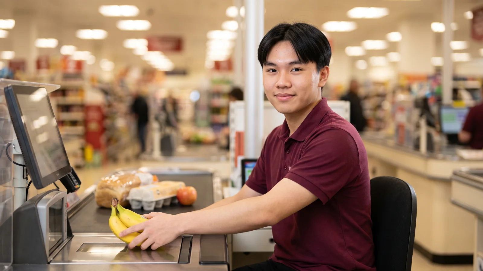 A young checkout assistant in a plain burgundy polo shirt sits at a supermarket till, passing a bunch of bananas over the scanner on a Saturday morning.