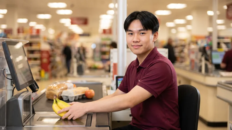 A young checkout assistant in a plain burgundy polo shirt sits at a supermarket till, passing a bunch of bananas over the scanner on a Saturday morning.