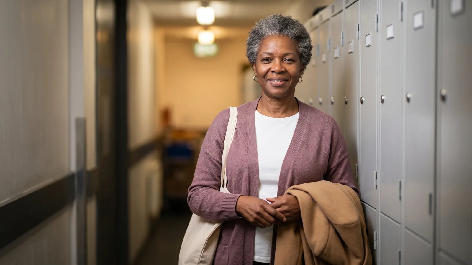 An older supermarket worker in a mauve cardigan puts on her camel coat beside a row of grey staff lockers at the end of her afternoon shift.