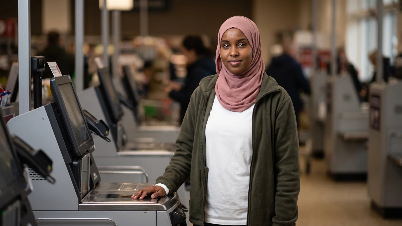 A supermarket colleague in a pink hijab and olive fleece stands among a bank of self-checkout machines, ready to help the next customer.