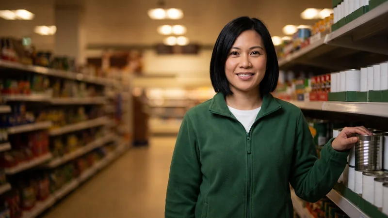 A night shift worker in a plain green fleece faces up tins on a supermarket shelf late in the evening, the empty aisle lit behind her.