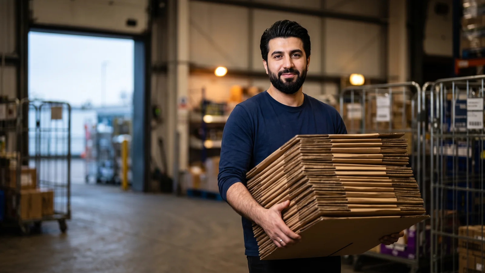 A night worker in a navy t-shirt carries a stack of flattened cardboard across a supermarket stockroom as early morning light comes in.