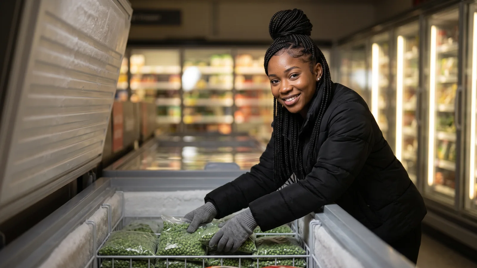 A young worker in a padded black jacket fills an open supermarket freezer with bags of frozen vegetables in the middle of the night.