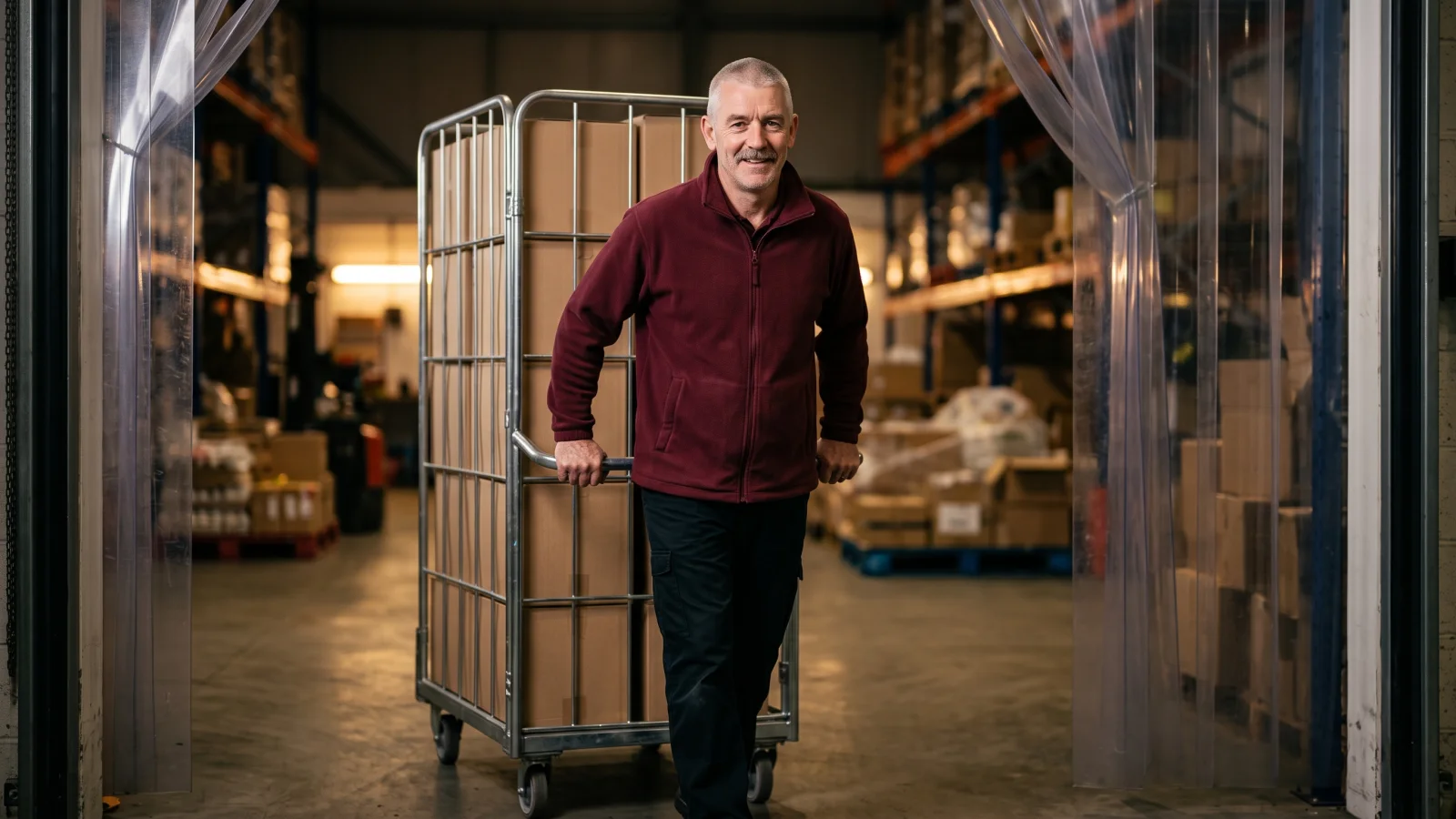 An older night worker in a maroon fleece and work gloves steers a loaded metal roll cage out of a supermarket stockroom.