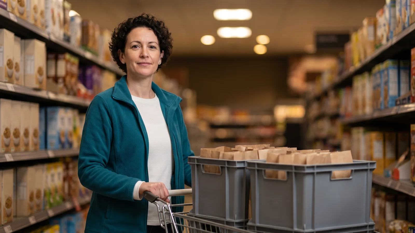 An online grocery picker in a plain teal fleece pushes a trolley of grey crates down a quiet supermarket aisle early in the morning.