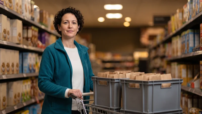 An online grocery picker in a plain teal fleece pushes a trolley of grey crates down a quiet supermarket aisle early in the morning.