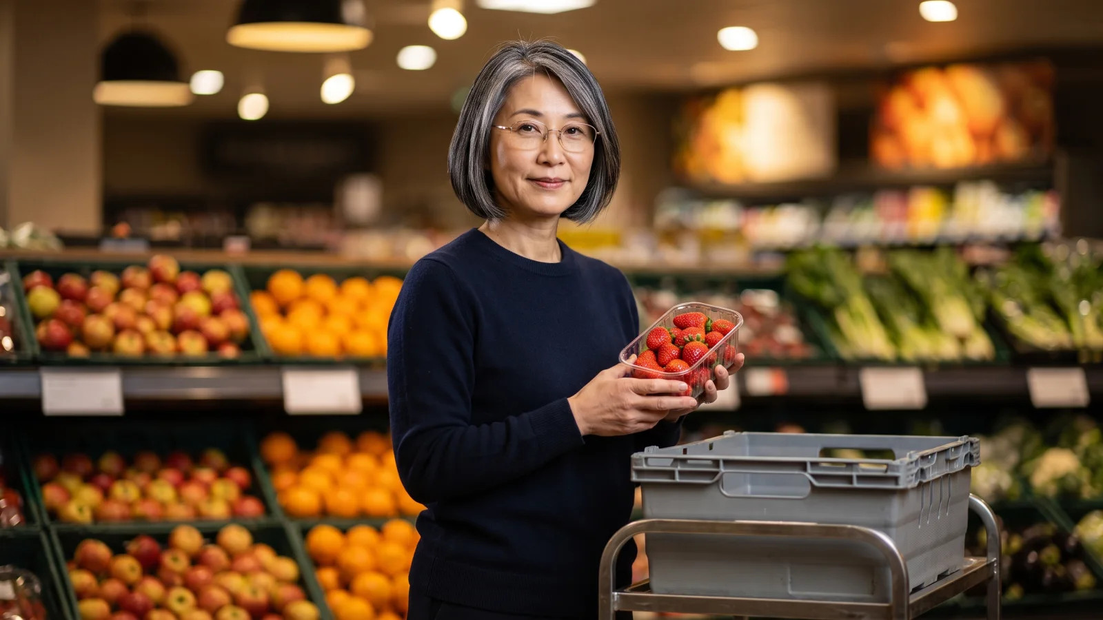 A picker in a plain navy top holds a punnet of strawberries up to check them in the fruit aisle before adding them to an order.