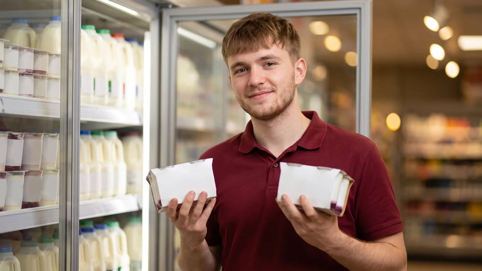A picker in a plain dark red polo shirt holds two similar yoghurt packs side by side in a chilled aisle while choosing a swap.