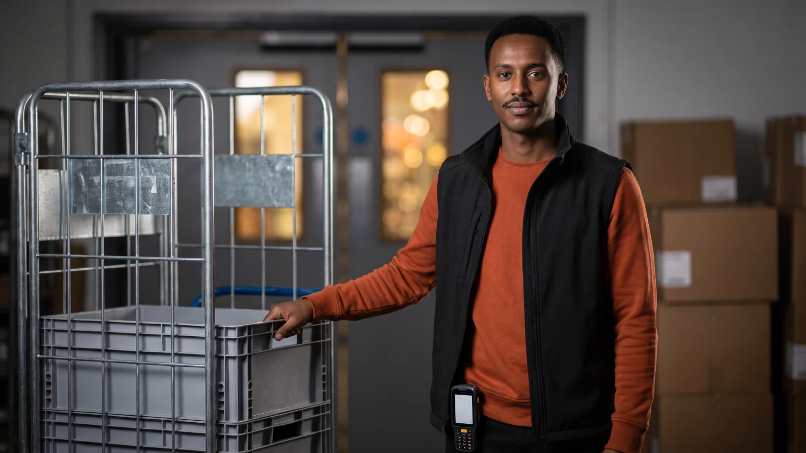 A young picker in a plain rust-orange top rests a hand on a cage trolley of grey crates in the back-of-store area before his shift.