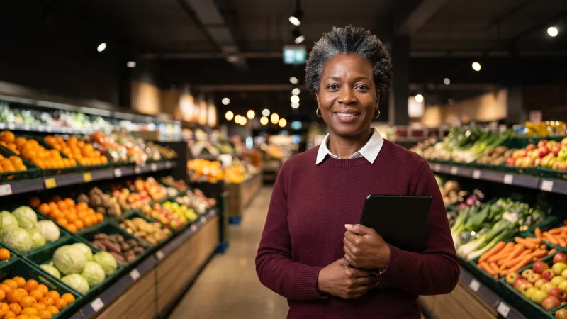 A supermarket store manager in a plain burgundy jumper holds a tablet in an empty fresh produce aisle early in the morning before opening.