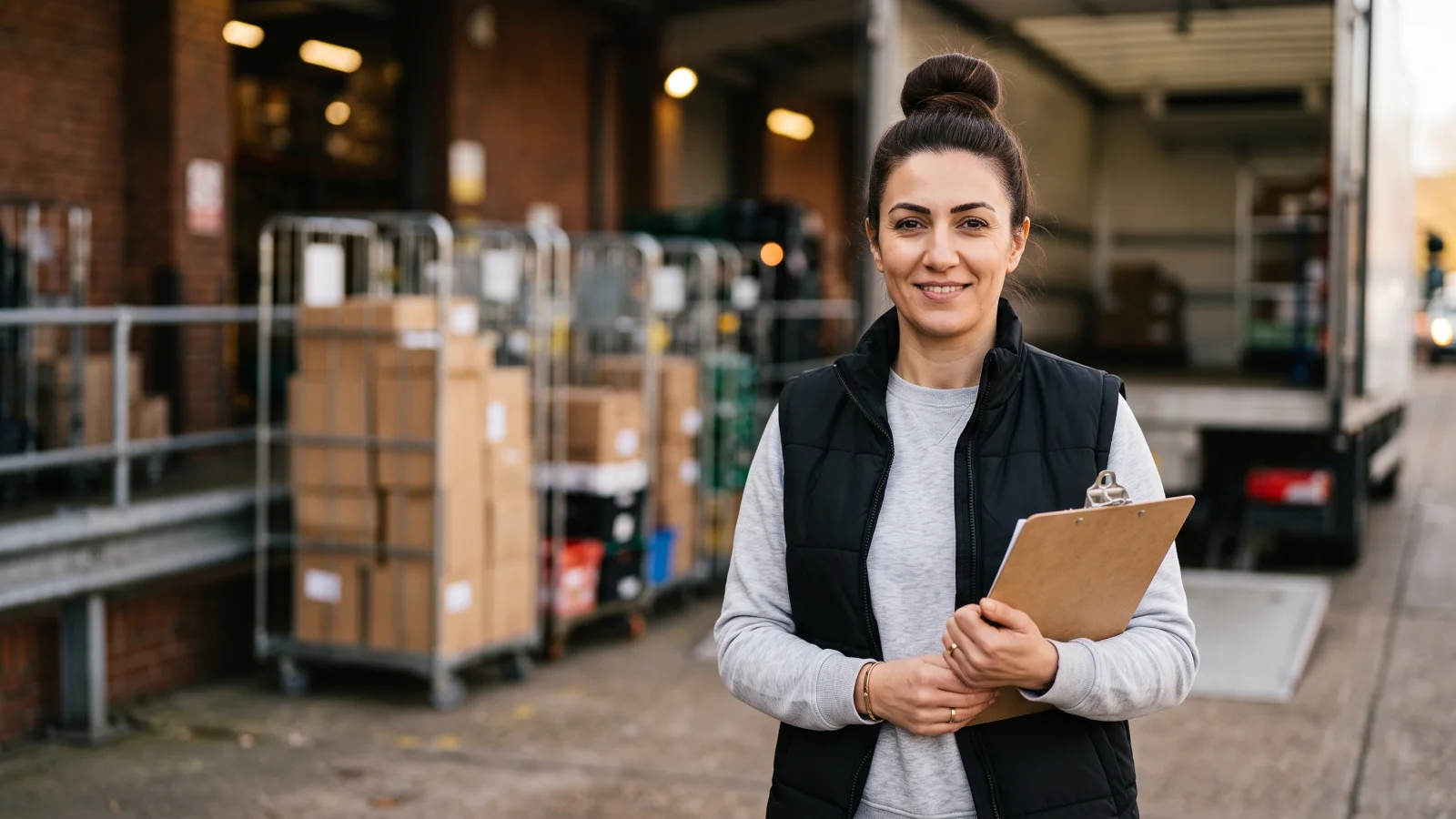 A store manager in a black gilet holds a clipboard at a supermarket goods-in bay, with roll cages and an open delivery lorry behind her.