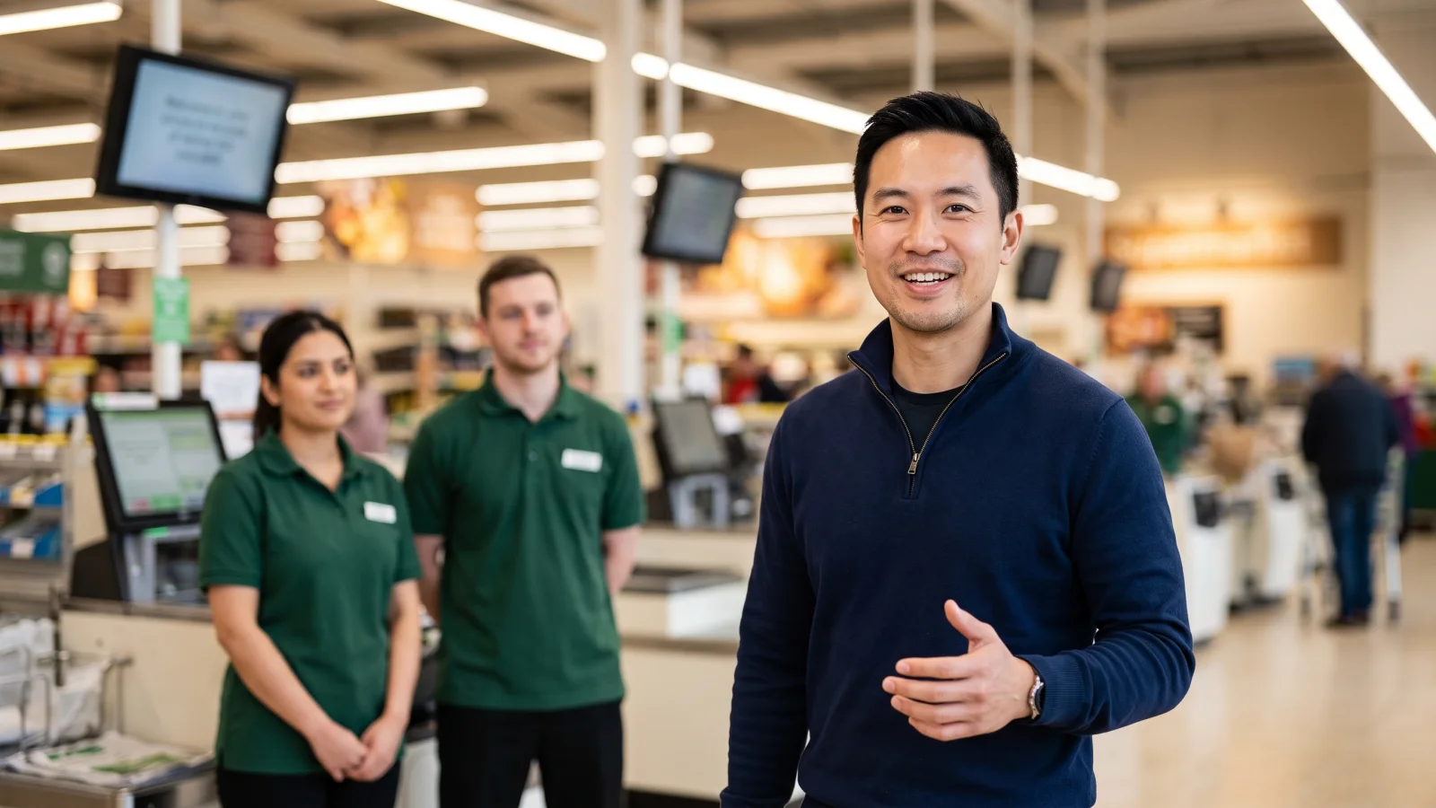 A supermarket manager in a navy quarter-zip smiles near the front tills while two colleagues listen, blurred, during a short morning team meeting.