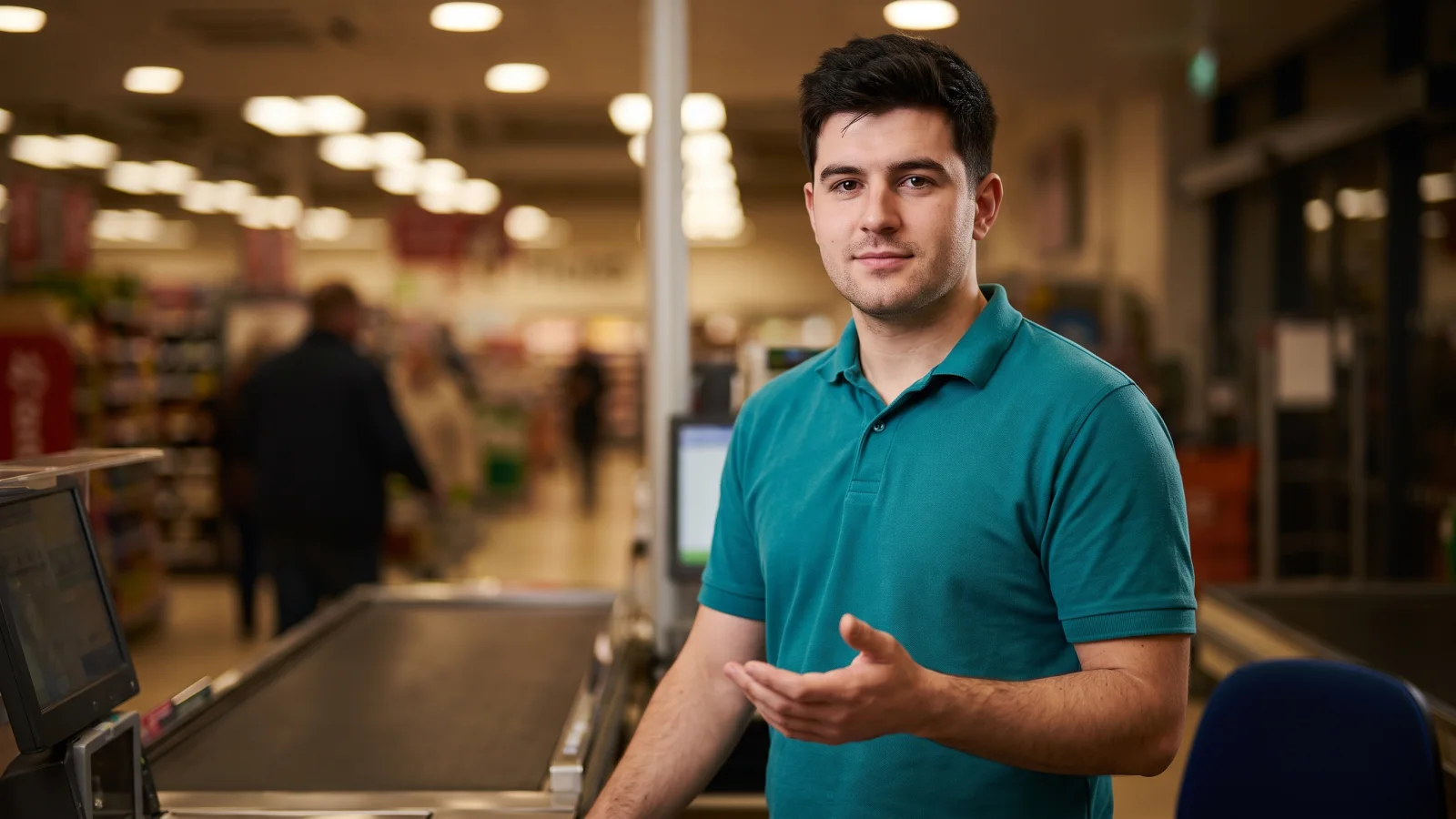 A calm checkout assistant in a plain teal polo shirt stands behind a supermarket till, one hand open in a reassuring gesture, listening carefully.