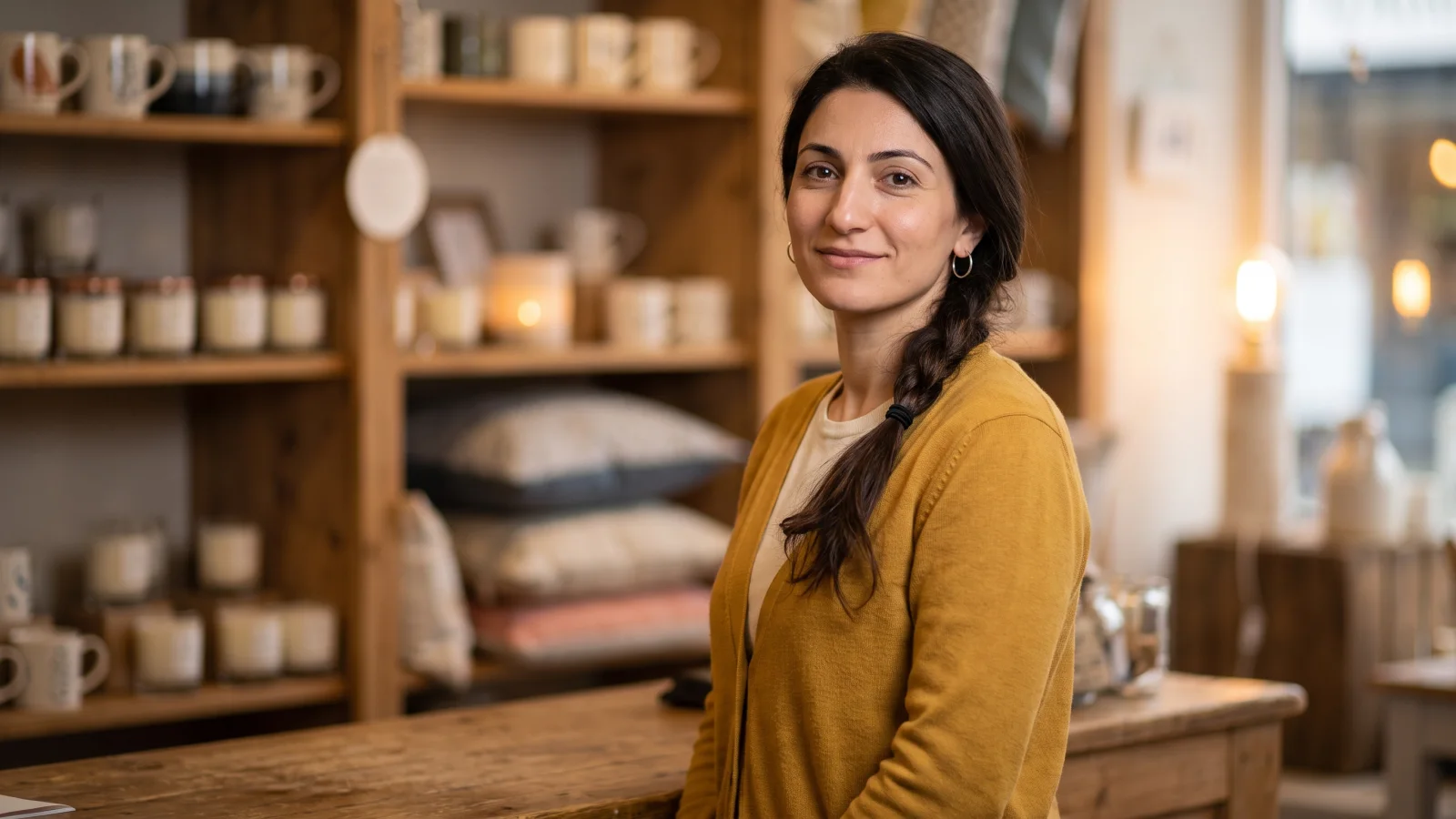 A shop assistant with her arms relaxed stands slightly side-on behind the counter of a homeware shop, giving a calm and attentive look.