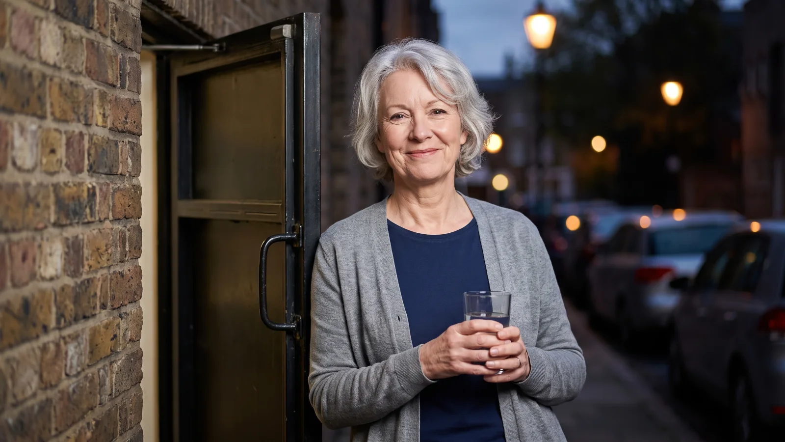 An older shop worker in a grey cardigan takes a short break outside the staff door of a shop at dusk, holding a glass of water.