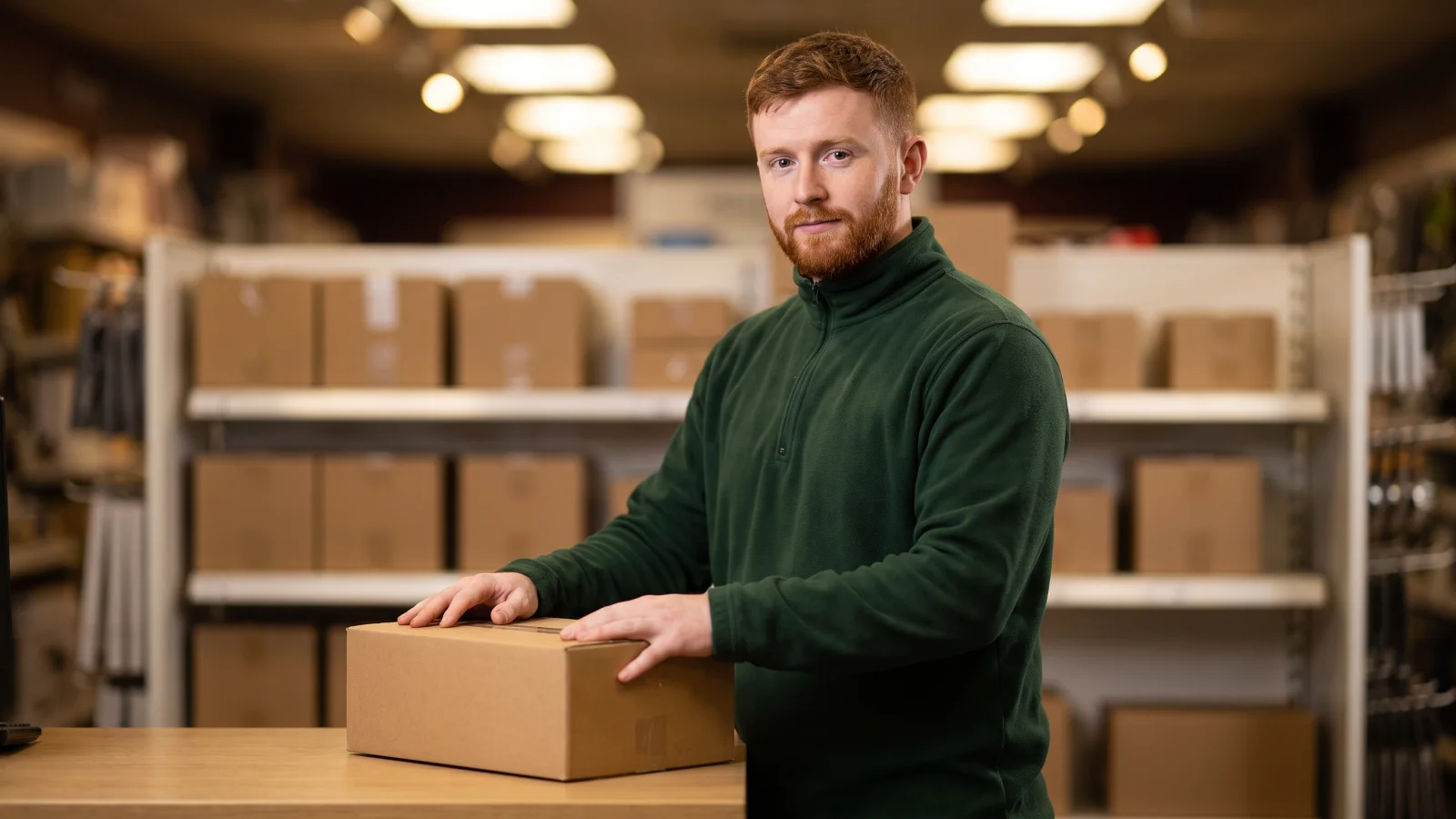 A young worker at the returns desk of a homeware and hardware store holds a plain cardboard box while checking a return, looking up helpfully.