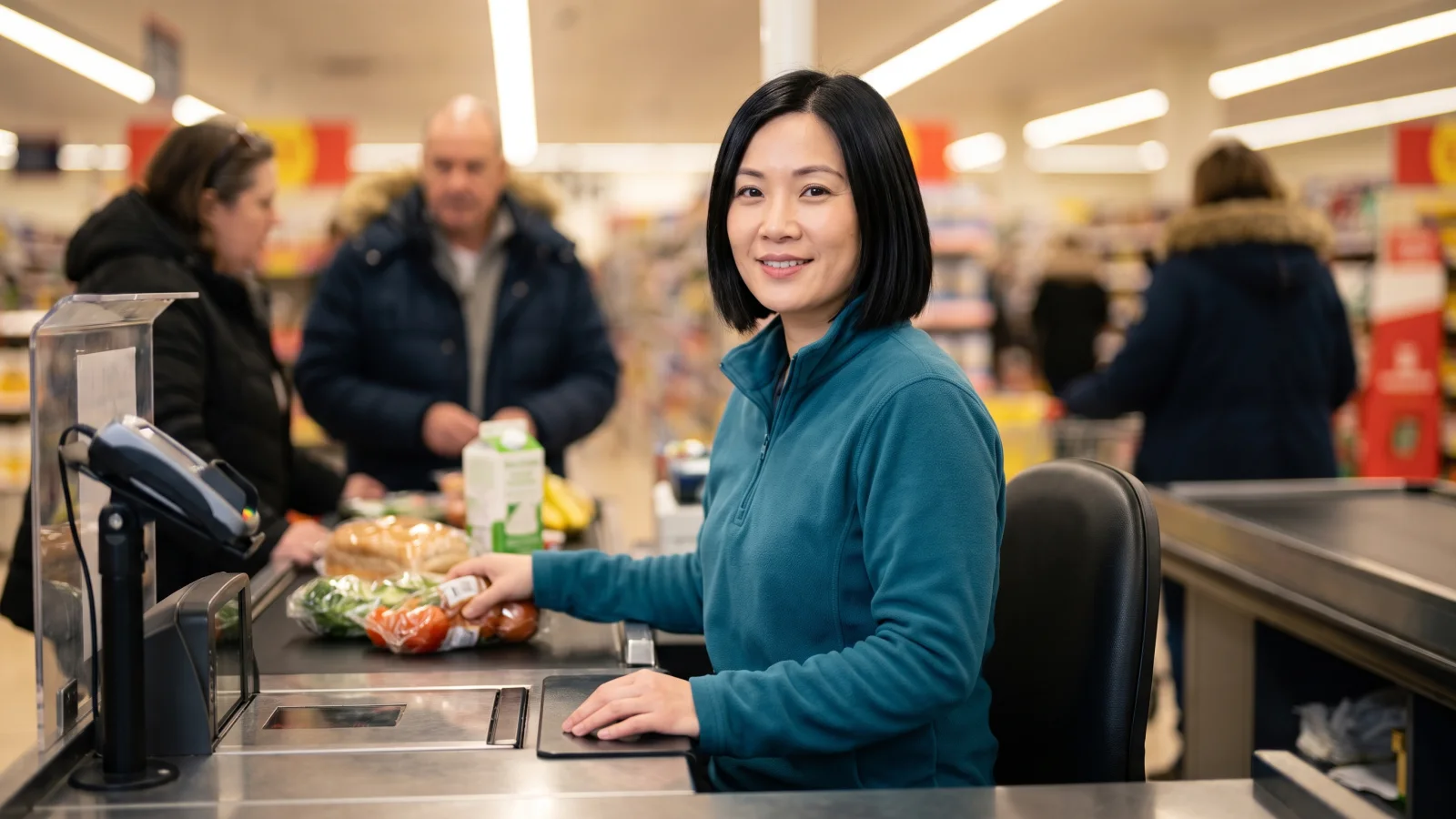 A checkout assistant in a plain teal top scans shopping on a long conveyor belt at a busy UK discount supermarket till and smiles towards the camera.