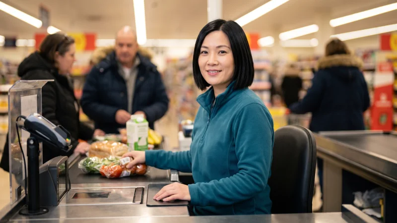 A checkout assistant in a plain teal top scans shopping on a long conveyor belt at a busy UK discount supermarket till and smiles towards the camera.