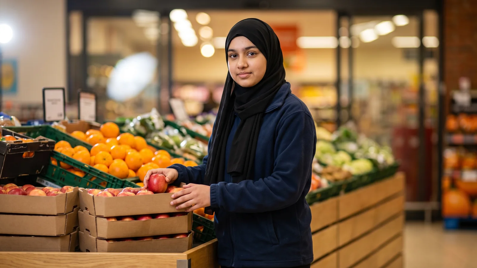 A teenage apprentice in a plain black hijab and navy fleece sets out apples in cardboard trays on a supermarket fruit and vegetable display.