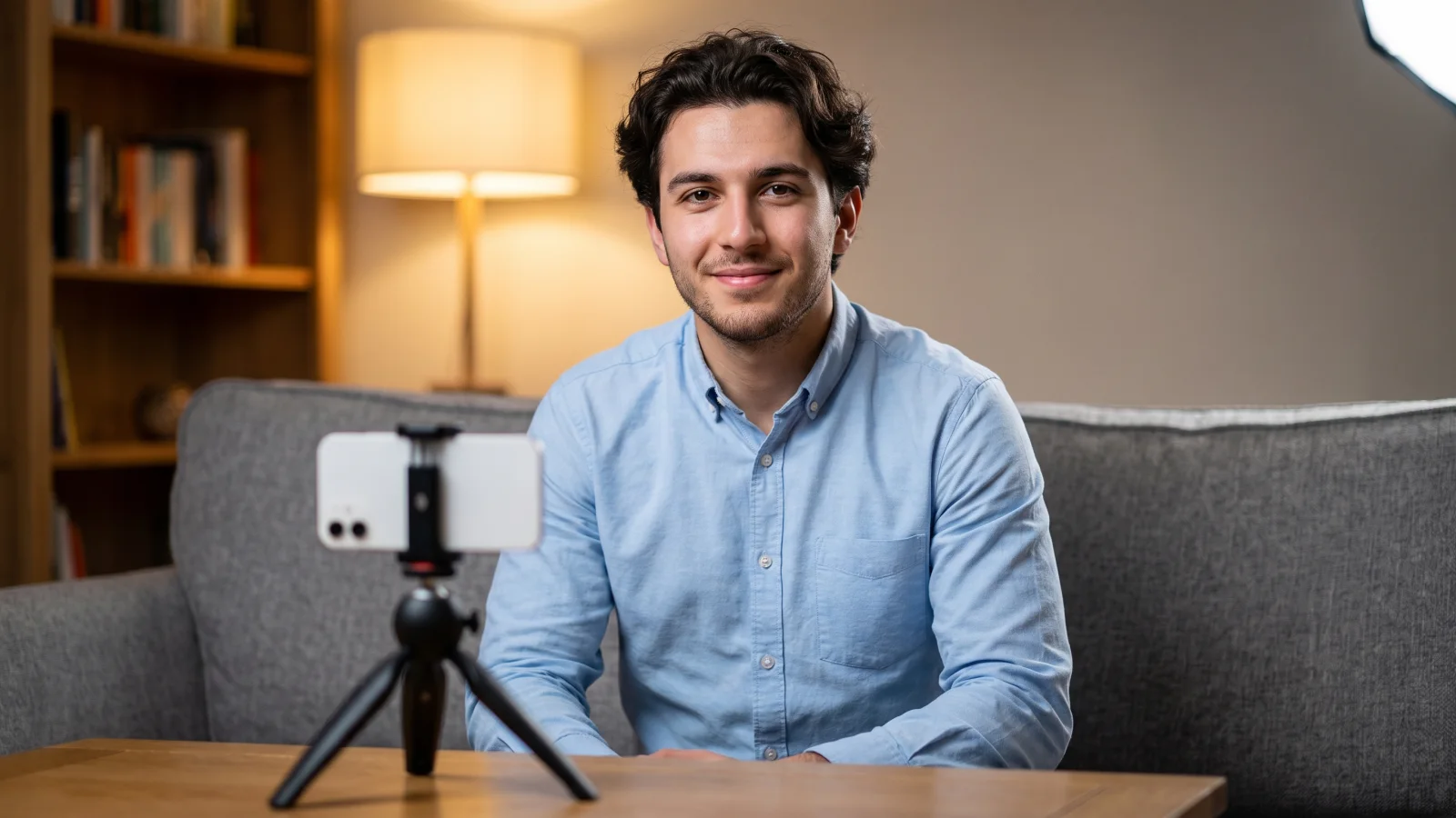 A young man in a plain light-blue shirt sits on a sofa at home and smiles at a phone on a small tripod while recording a video interview.