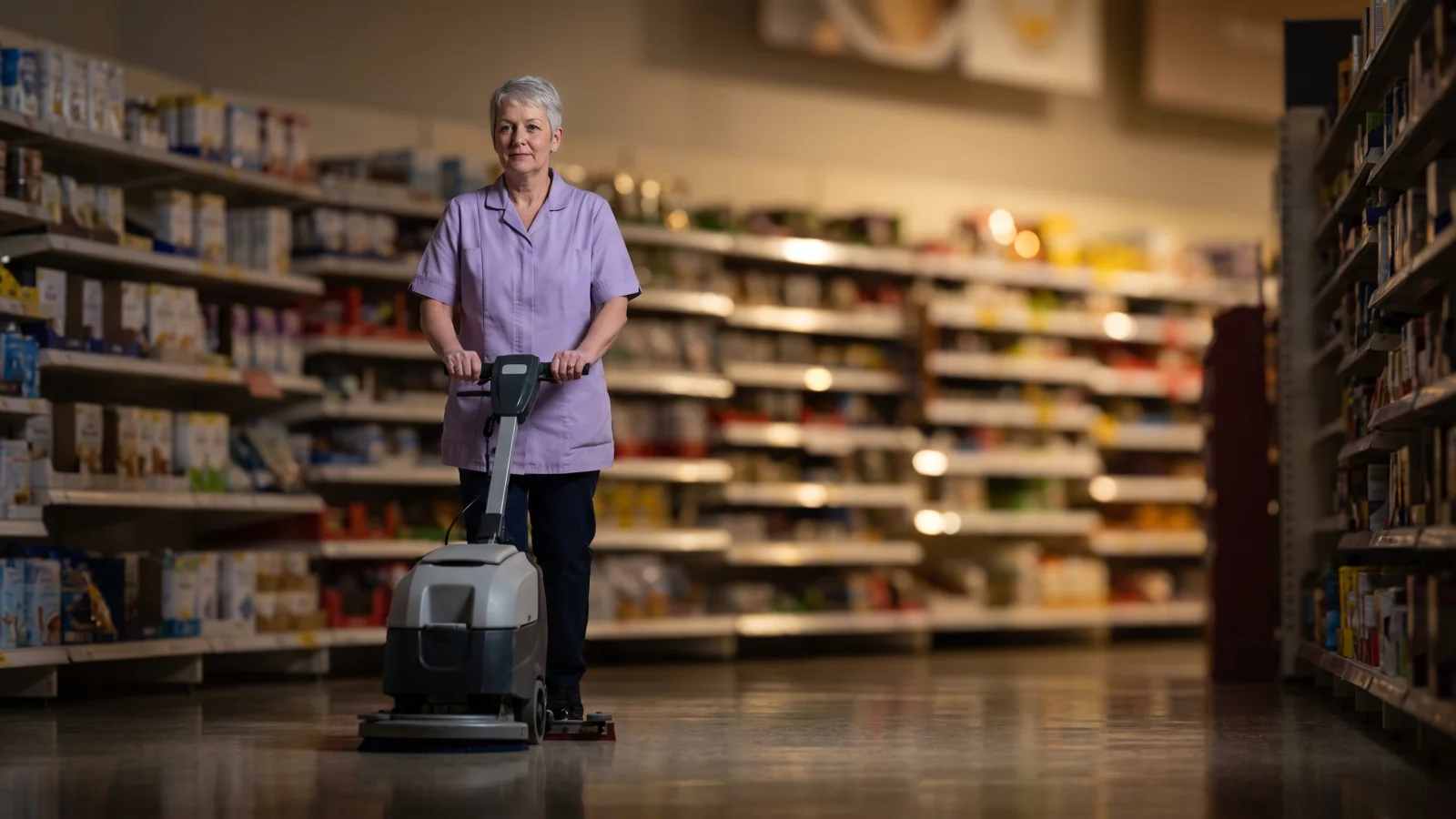An older store cleaner in a plain lilac tunic guides a floor-cleaning machine down an empty supermarket aisle early in the morning.