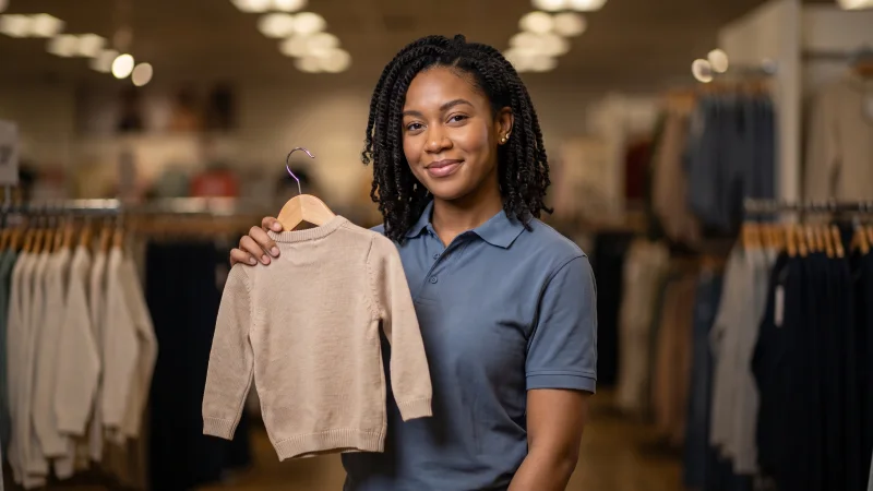 A supermarket worker in a slate-blue polo shirt holds a child's jumper on a hanger in the clothing aisle of a large UK superstore.