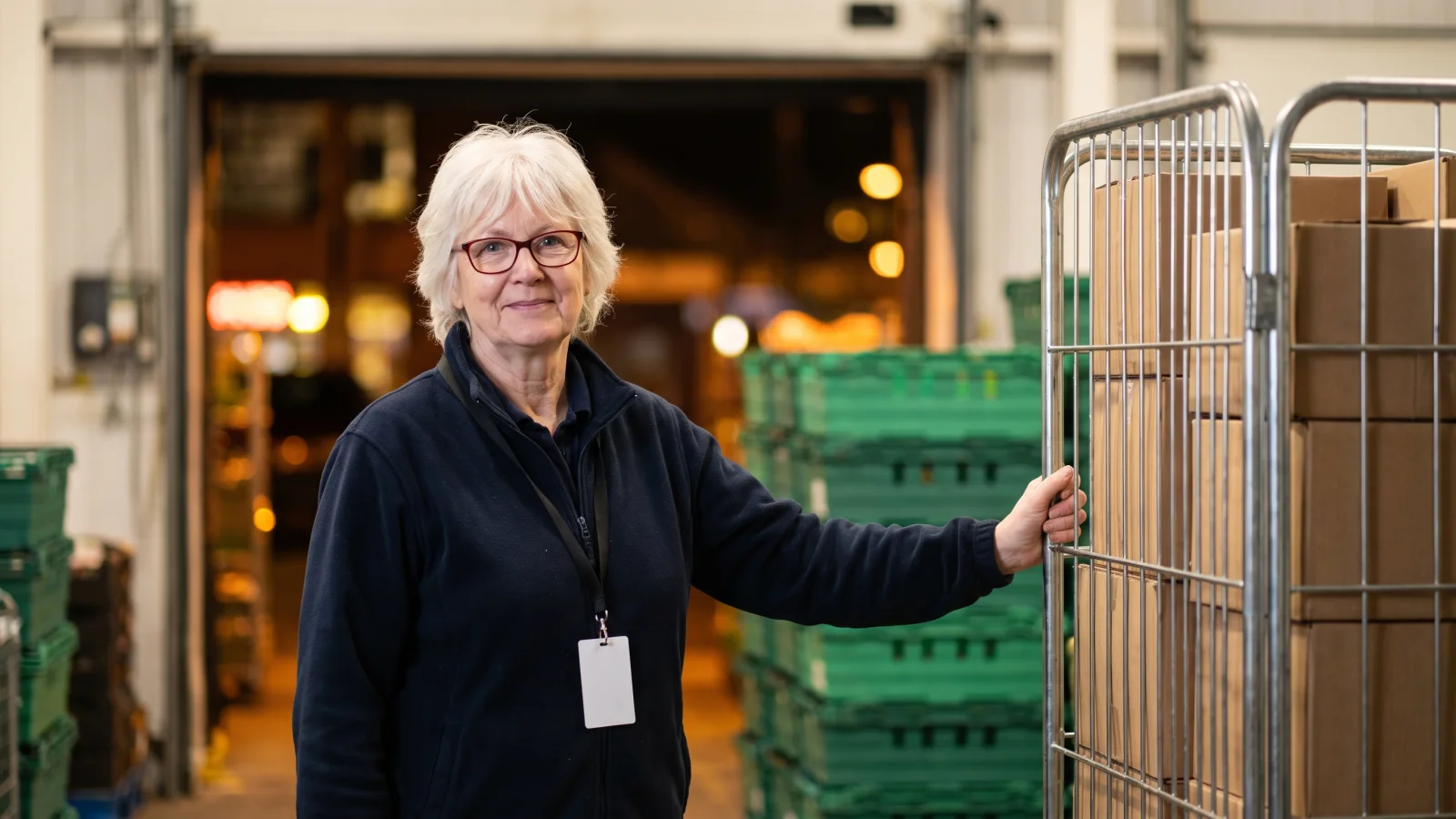 An older new starter in a navy fleece stands in the back-of-store delivery area of a supermarket during her first week.