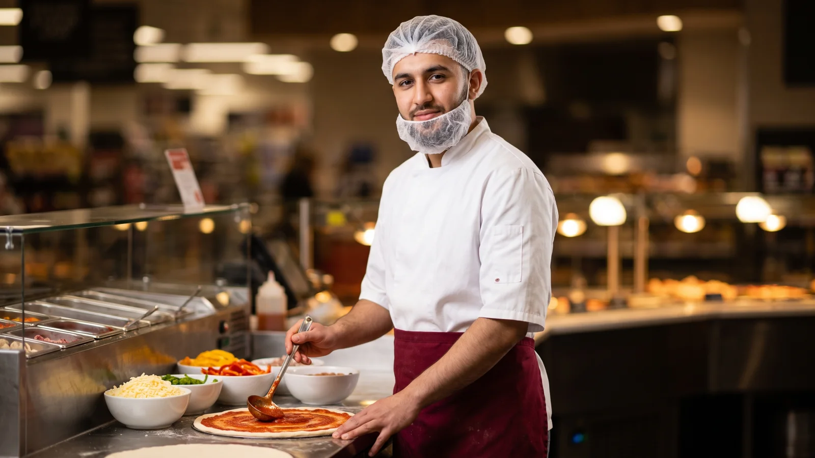A young man in a white hairnet and apron spreads tomato sauce on a pizza base at the fresh food counter of a large supermarket.