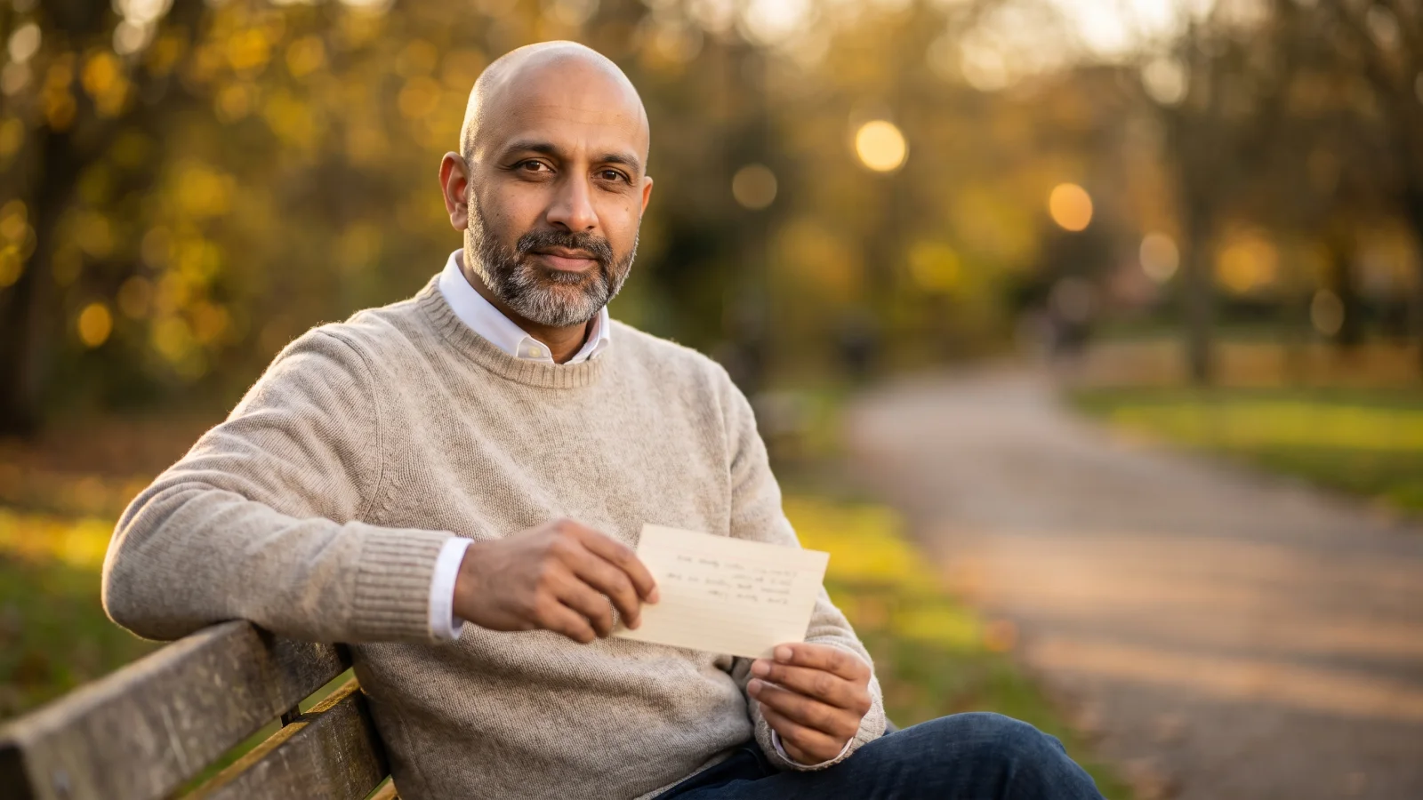 A middle-aged man on a park bench holds a small handwritten card as he practises his answers before a supermarket job interview.