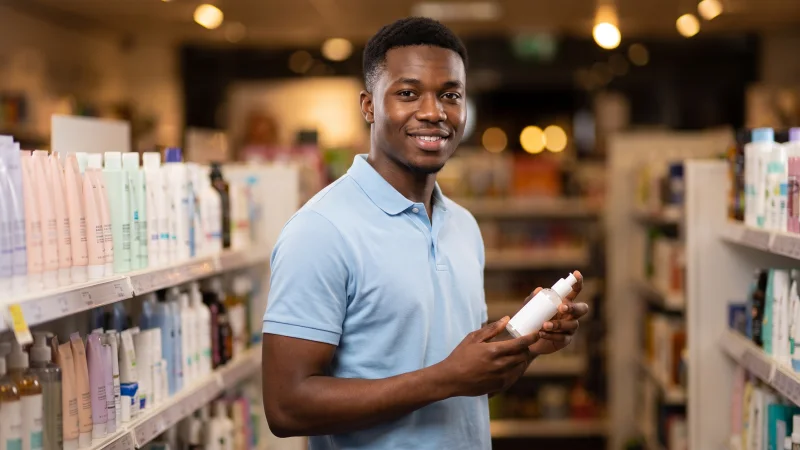 A young customer advisor in a plain light-blue polo shirt holds a skincare bottle in the aisle of a UK high street health and beauty shop.