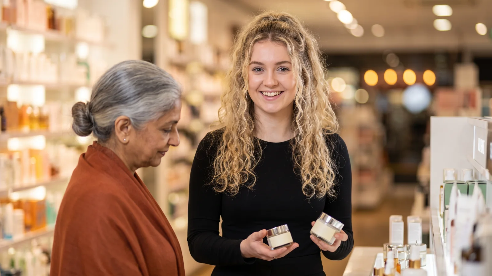 A beauty advisor in a plain black top helps an older customer choose between two skincare jars at a counter in a UK health and beauty shop.