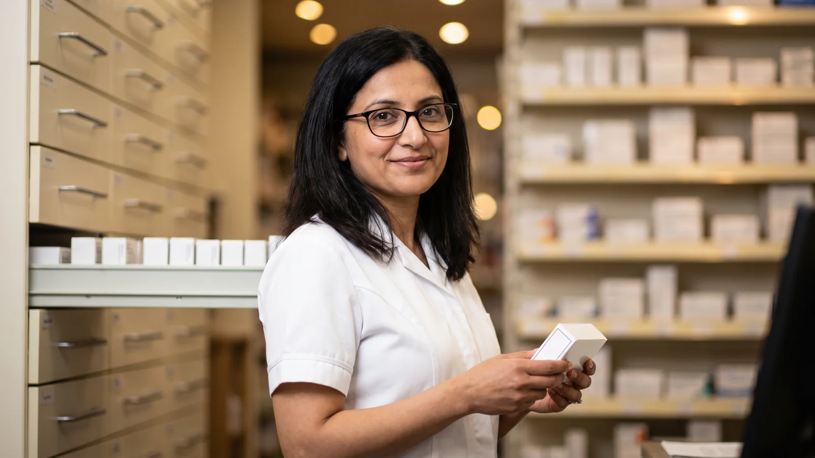 A pharmacy dispenser in a plain white tunic and glasses holds a small medicine box in the dispensary behind a UK high street pharmacy counter.
