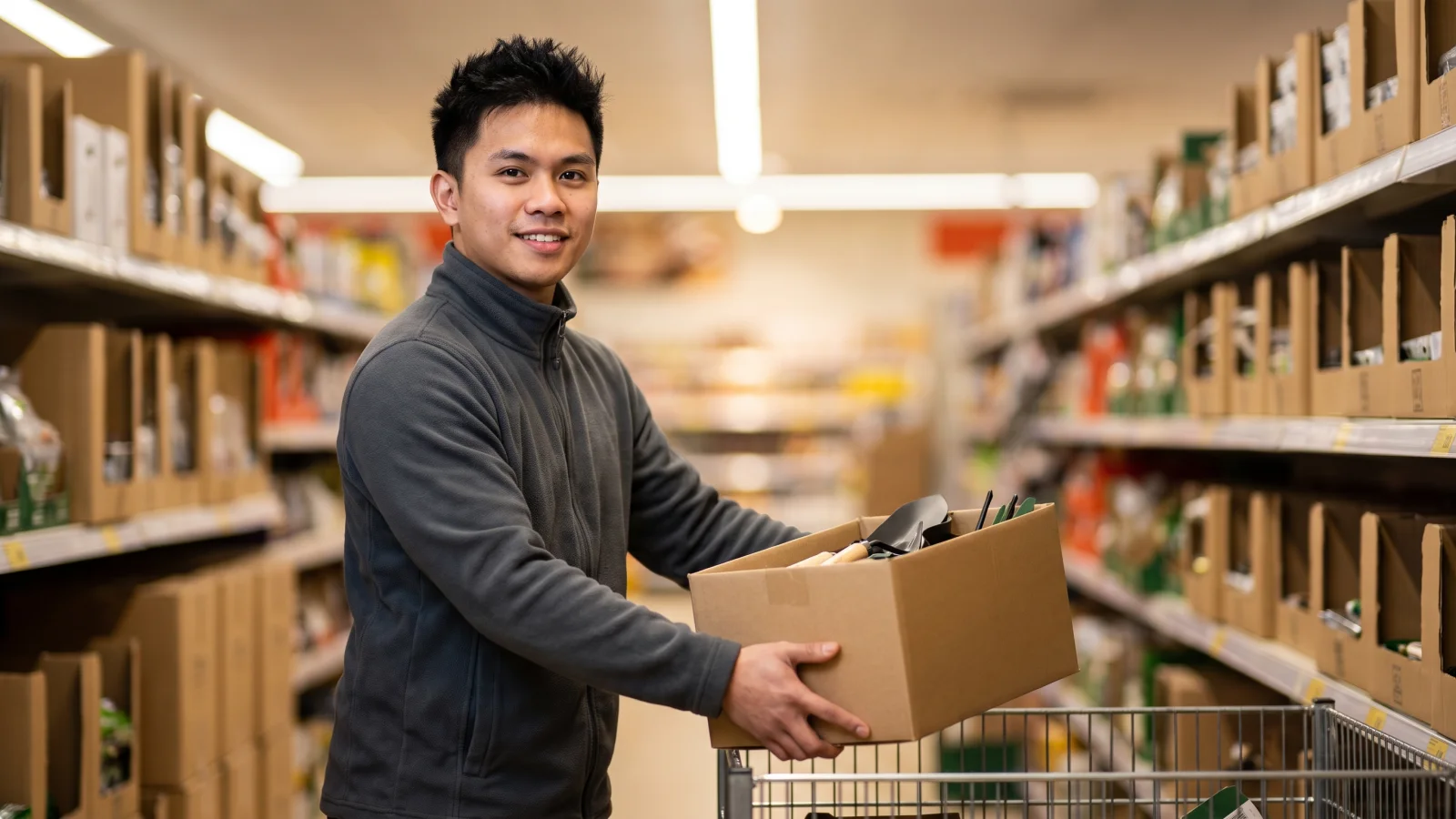 A young customer assistant in a plain grey fleece stacks boxed garden tools in a supermarket's middle aisle of non-food offers.