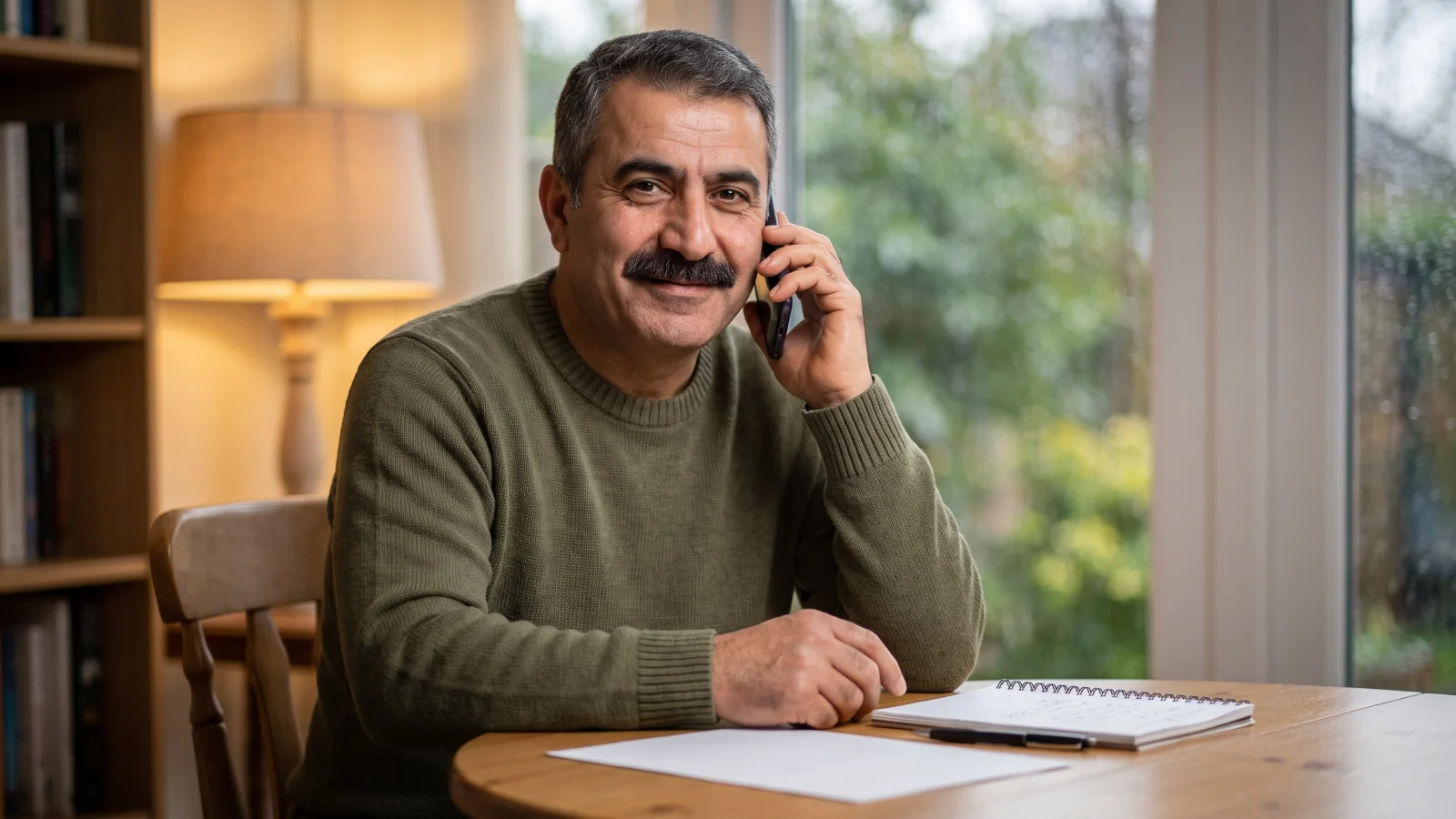 A man in his fifties holds a phone to his ear at a dining table with his CV and a notepad in front of him during a phone interview.