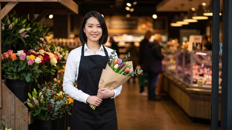 A shop worker in a plain black apron holds a wrapped bouquet of fresh flowers beside a flower stand in a bright UK food hall.