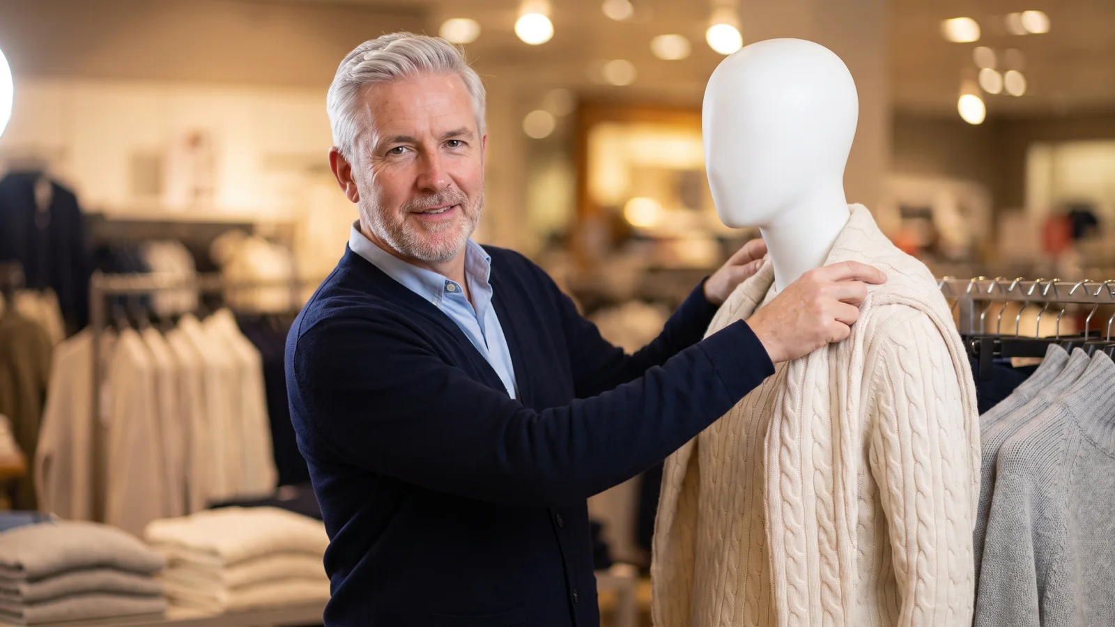 An older visual merchandiser with silver hair drapes a cream knitted jumper over a mannequin's shoulders in a calm clothing department.